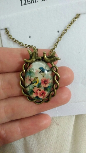 LIEBE ENGEL Summer Jewelry Vintage Antique Bronze Oval Flower Bird Alloy Pendant Necklace Glass Cabochon Statement Necklace