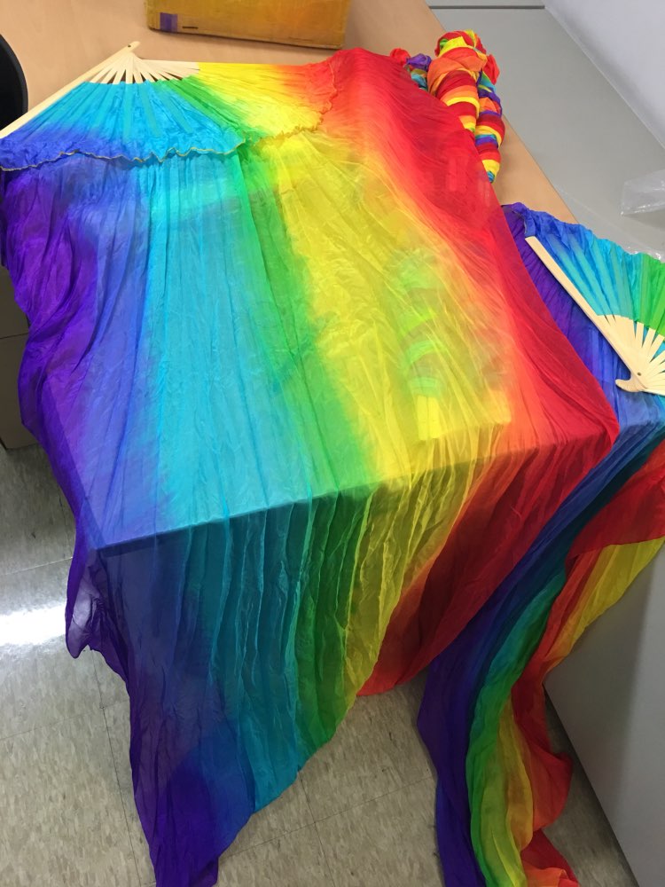 Free-Shipping Vertical Rainbow color 100% real Silk Fan Veils nice multi-color mixed long Fan Veil for Belly Dance 7 colors dyed