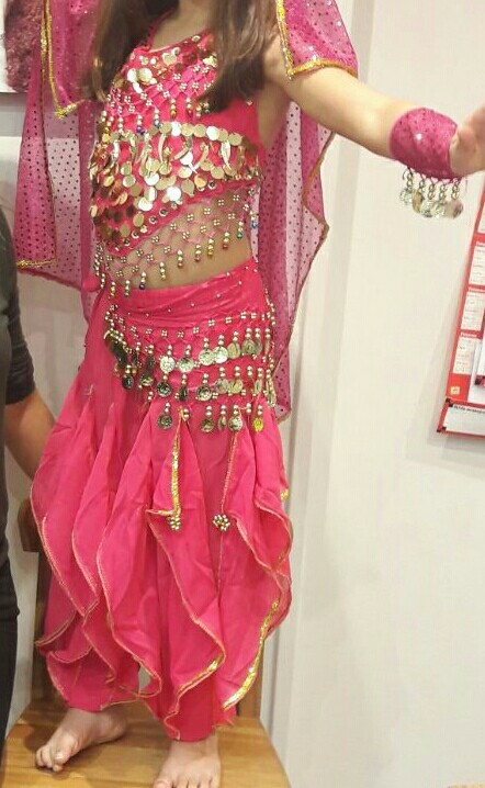 Belly Dance Children Indian Costume Set 5-piece (Top, Belt, Pants, Headpiece and Sleeves) Bollywood Dance Costumes for Girls