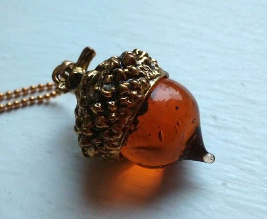 1piece Vintage Antique Bronze Silver Gold Plated Water Drop Suspension Glass Acorn Oak Pendant Necklace For Women