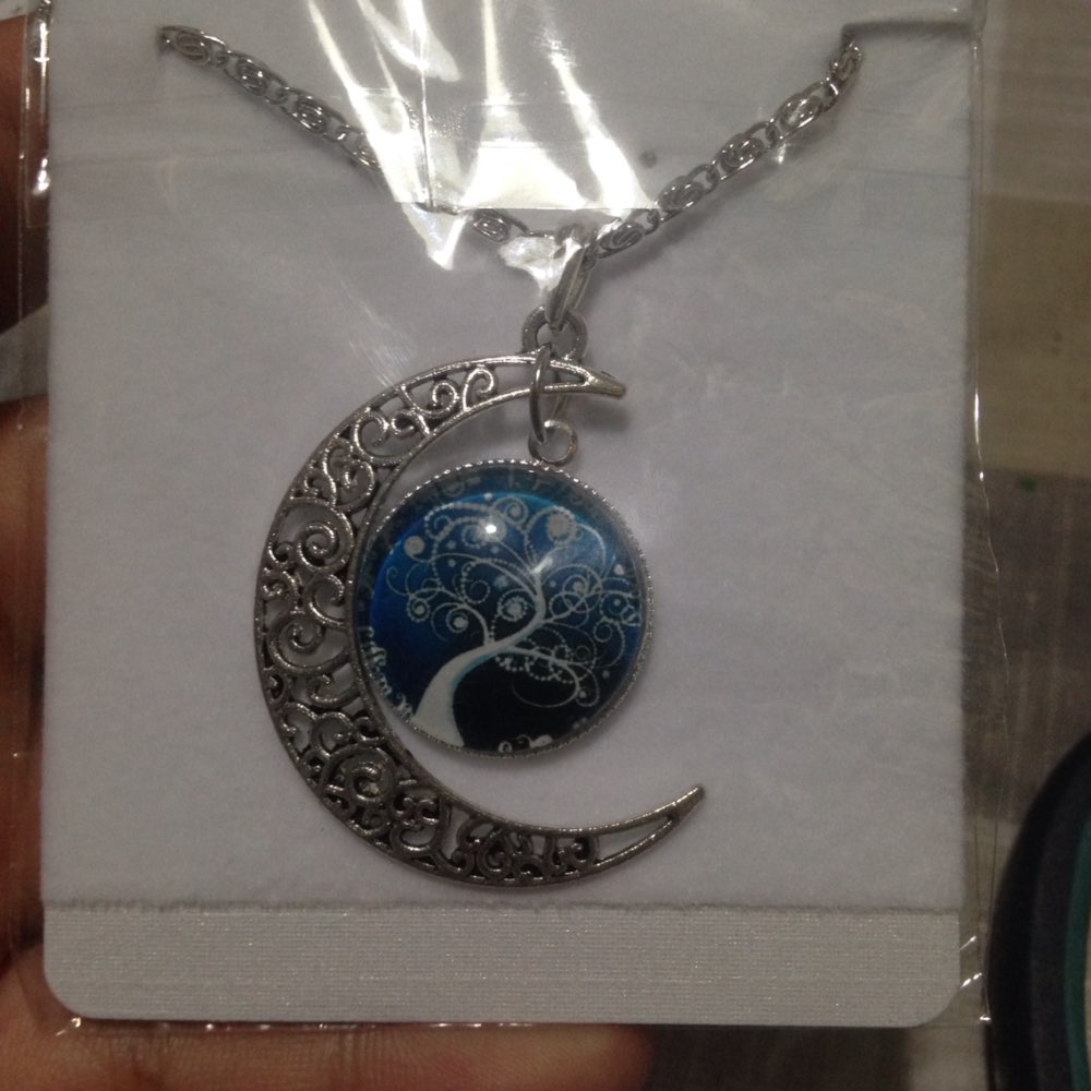 LIEBE ENGEL Fashion Glass Moon Statement Necklace Vintage Silver Color Jewelry Life Tree Art Picture Pendant Necklace  Women