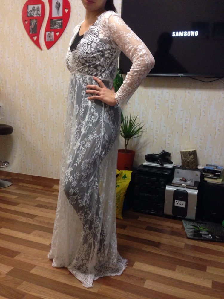 2016 Summer European Style Womens Sexy Lace Embroidery Maxi Solid White Dress Long Sleeve Deep V Neck Vestidos Plus Size S-XL