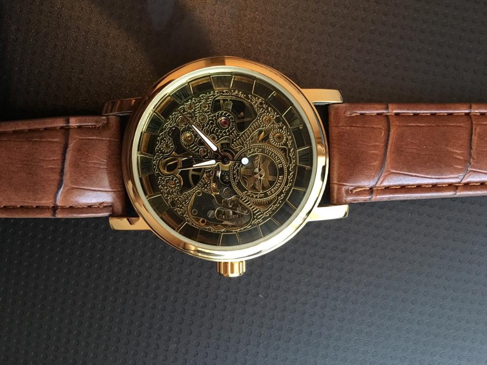 2016 New Hot Sale Skeleton Hollow Fashion Mechanical Hand Wind Men Luxury Male Business Leather Strap Wrist Watch CLASSIC GOLD
