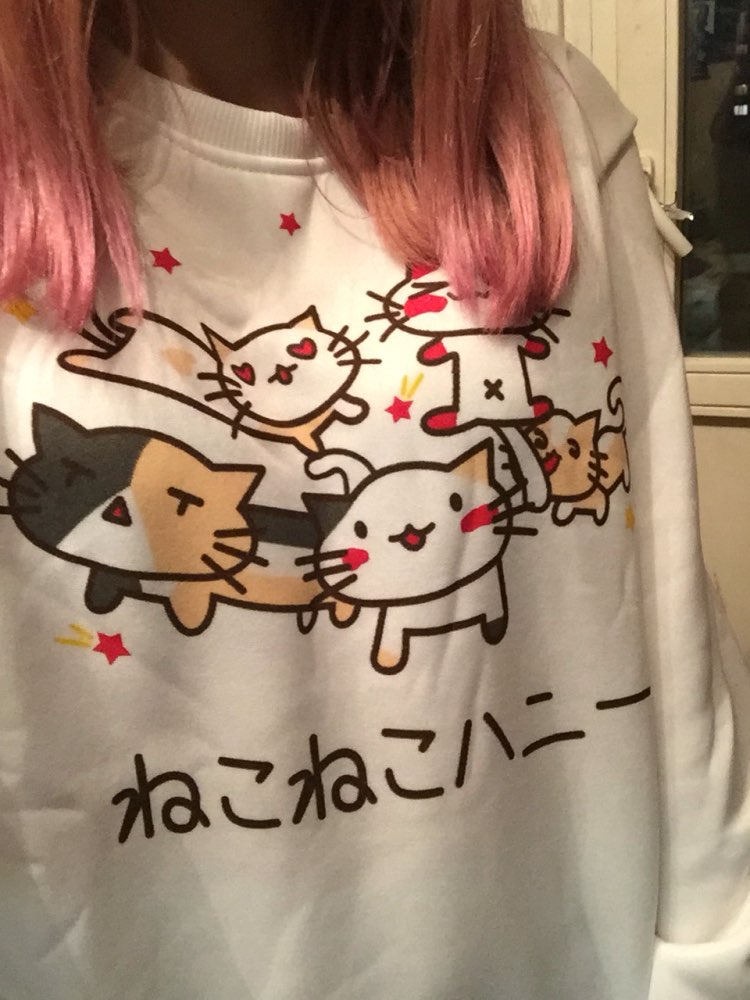 Women Harajuku Style 2016 Autumn Lovely Cat Print Loose Long Sleeve Pullover  Sweatshirt White&Pink Contrast Color Free Shipping