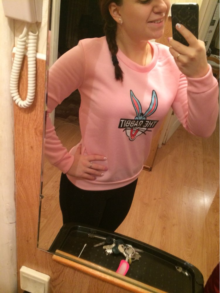2015 Korean Style Pullover Long Sleeve Casual Loose Sweet Women Hoodies Lovely Cartoon Rabbit Printed Sweatshirt White Pink Tops