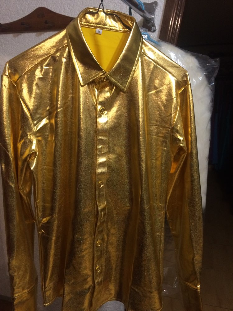 Mens Trend Night Club Coated Metallic Halloween Gold Silver Button Down Shirts Party Shiny Long Sleeves Dress Shirts For Men