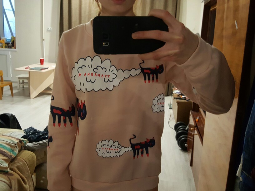 2016 New Spring AutumnSweatshirt Women Tops Plus Size Loose Casual Plus Thick Velvet Cartoon Cat Pattern Sweatshirts Pullovers