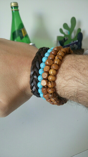 1 Set 4-5 pcs Black Out Bamboo wood, Lava Stone Beads Stone Skull and Pull-Closure Leather Bracelet Men's Fashion Bracelet Pack