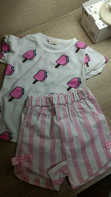 New Summer Kids Girls Clothing Set Ice Cream Printed T-shirt +Striped Bow Shorts 2 Pcs 1-6Y L07