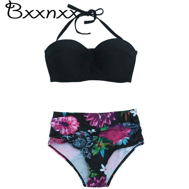 2016 High Waist Floral Print Bikini Set Women Sexy Halter Bikini Set Beach Bathing Suit Swimwear Women bikini tiro alto