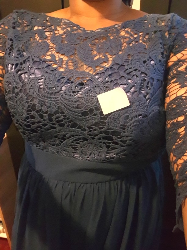 Dressv boat neck A-line lace evening dress dark navy 3/4 length sleeves zipper up long evening dress chiffon formal party dress