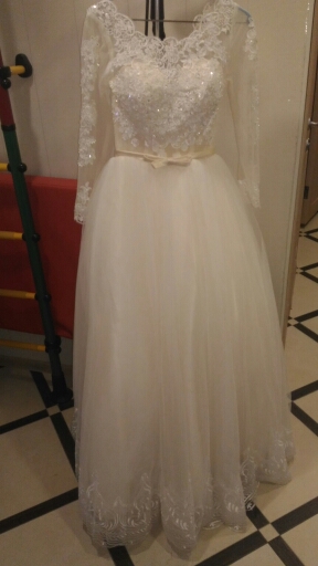 Vivian's Bridal A line Wedding Gown Long Sleeves Beads Lace Tulle Champagne Wedding Dresses Backless W2401